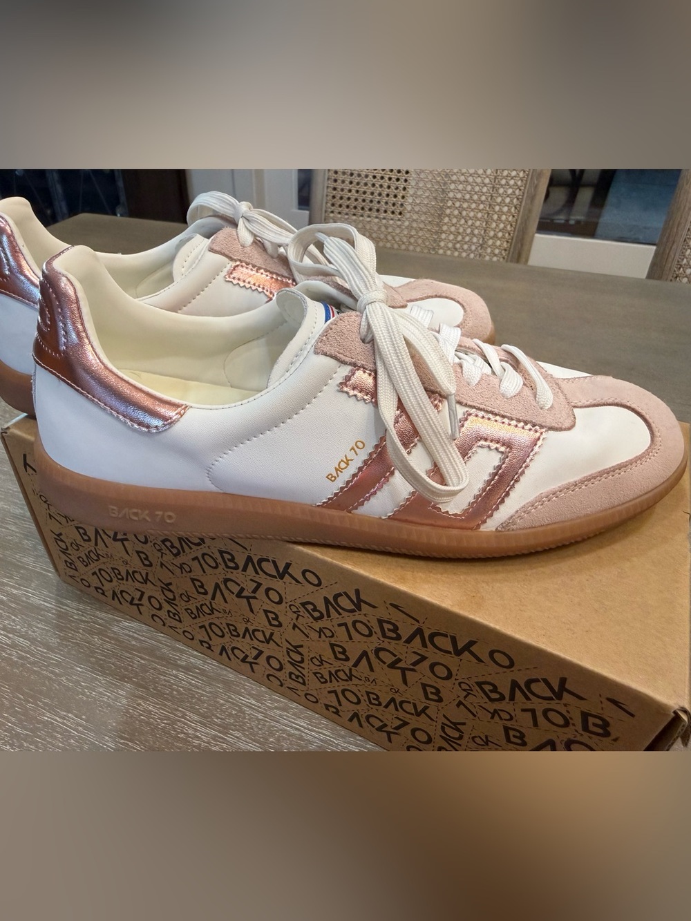 Women’s White Sneakers with Rose Gold Accents - Back 70 Style